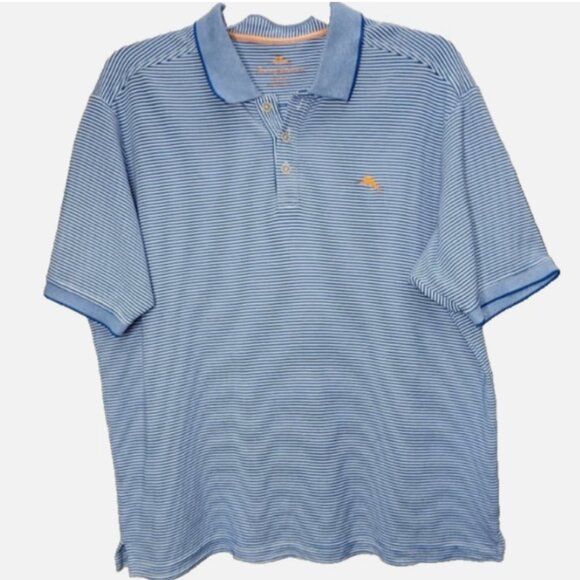 Tommy Bahama XL Blue White Striped Polo Shirt Marlin Logo Short Sleeve Casual - Picture 1 of 7